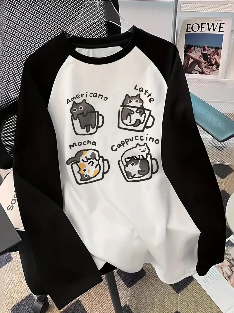 Blouses - Coffee Cat Long Sleeve T-Shirt Print