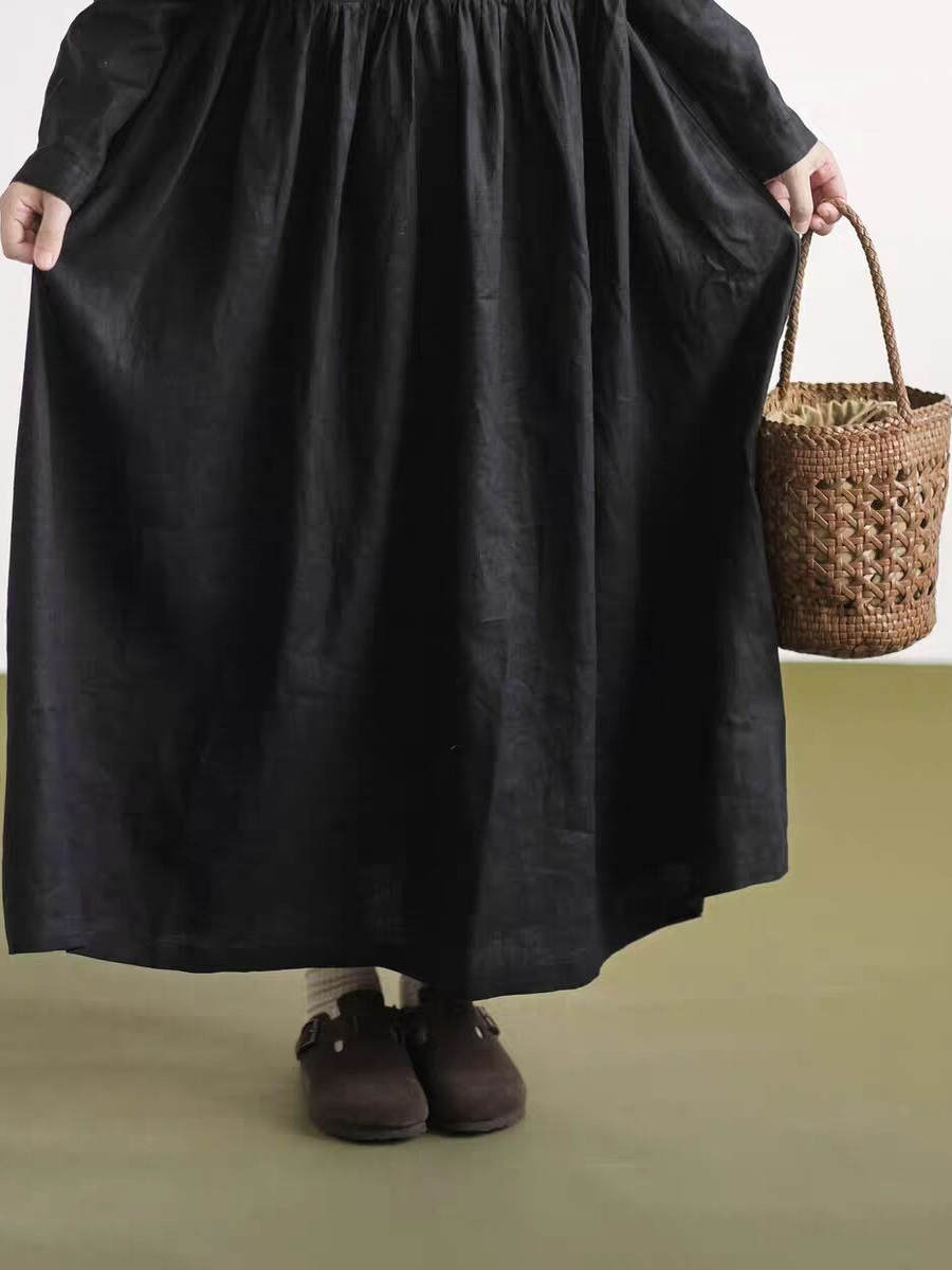 Black Lace Collar Long Sleeve  - огляд і ціна Casual Loose Linen Shirt Dress